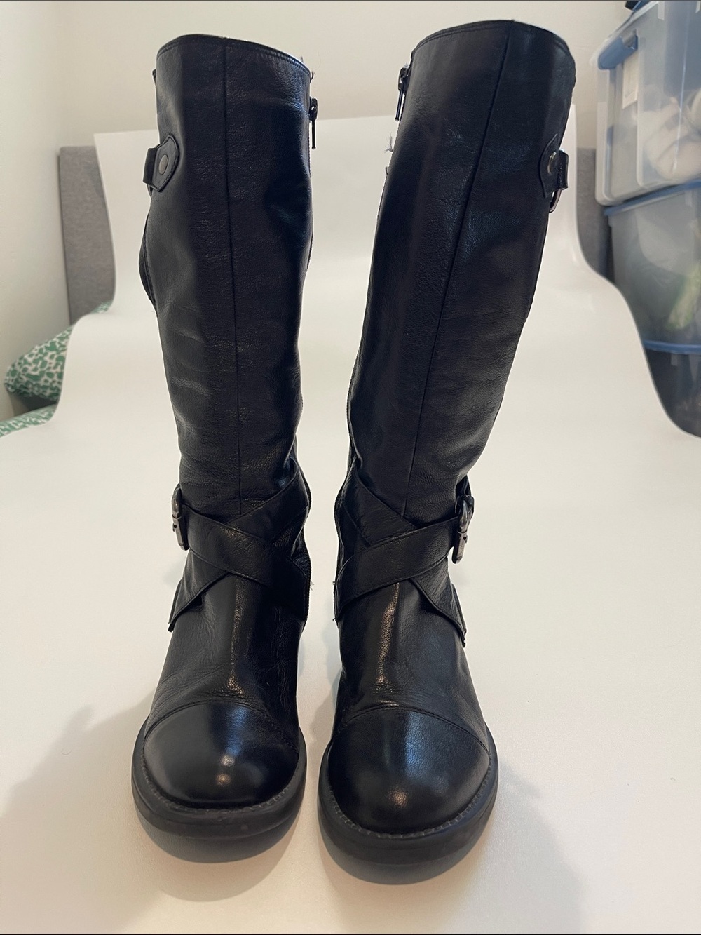 Aldo Women's Black Knee Leather Boots with Buckle Detail